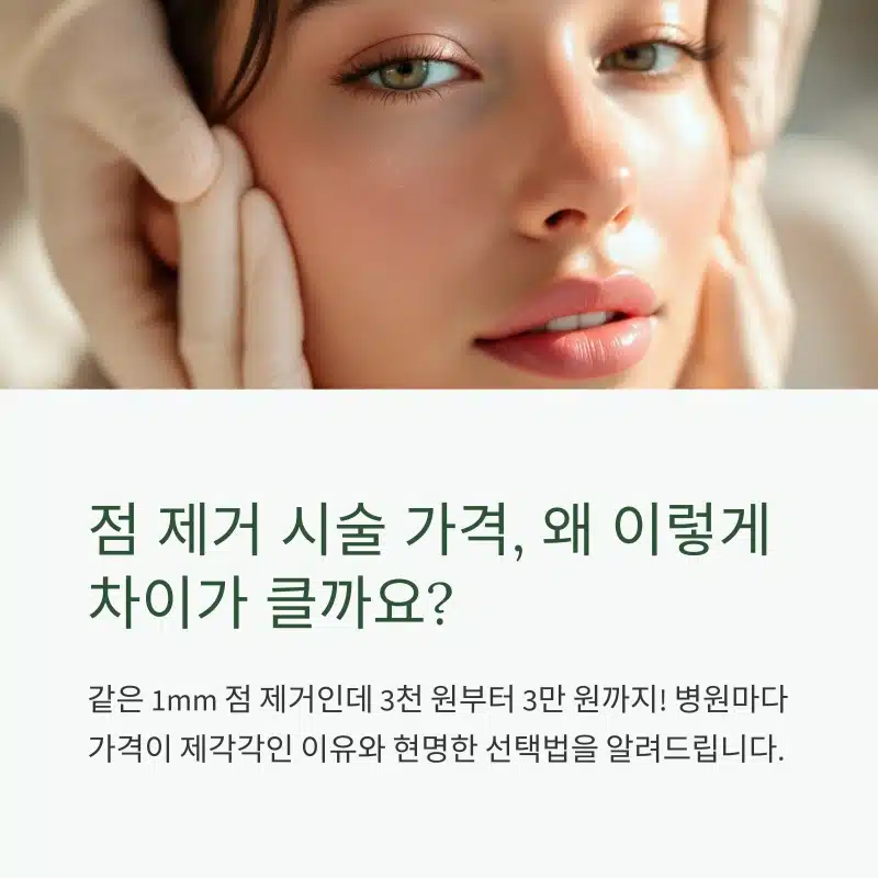 점 제거 시술 가격 차이에 대한 소개 이미지. 여성 얼굴을 클로즈업한 사진과 함께 '같은 1mm 점 제거인데 3천 원부터 3만 원까지?'라는 문구가 강조되어 있음.