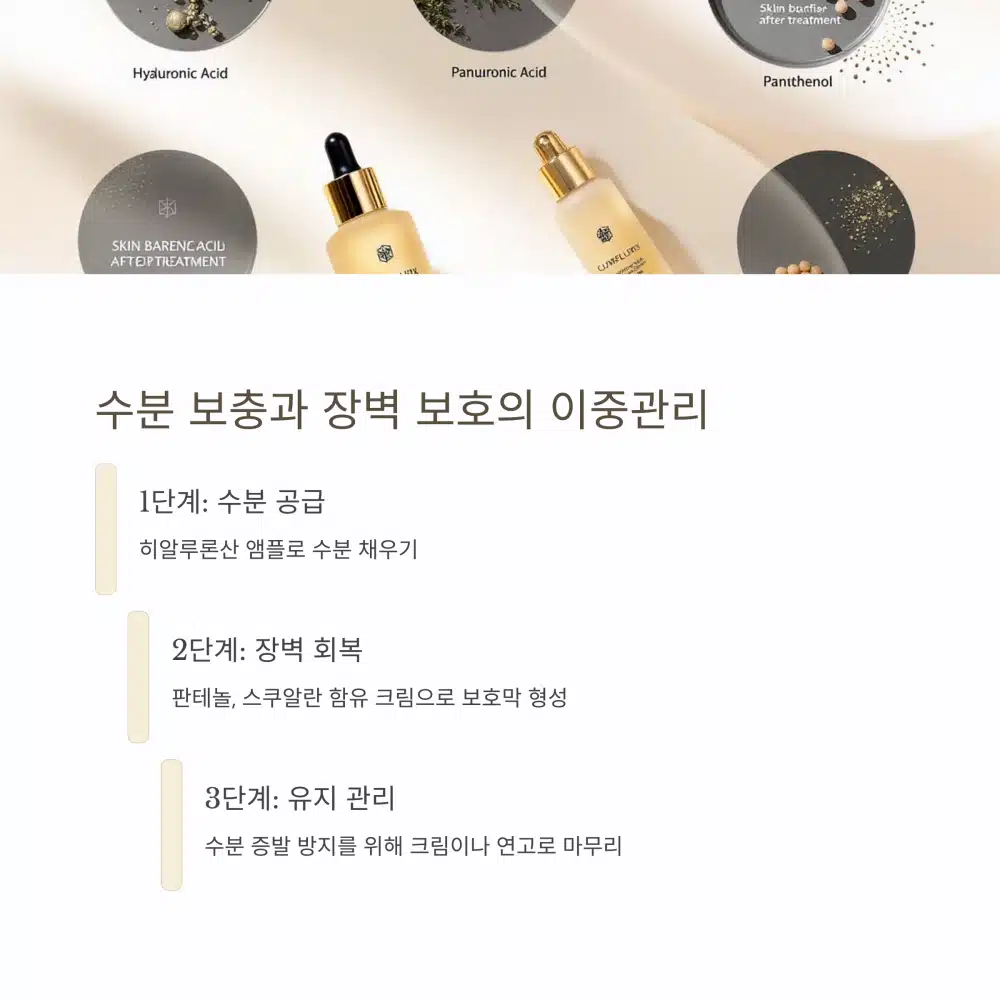 히알루론산과 판테놀 성분으로 수분 공급 및 장벽 보호 단계 설명