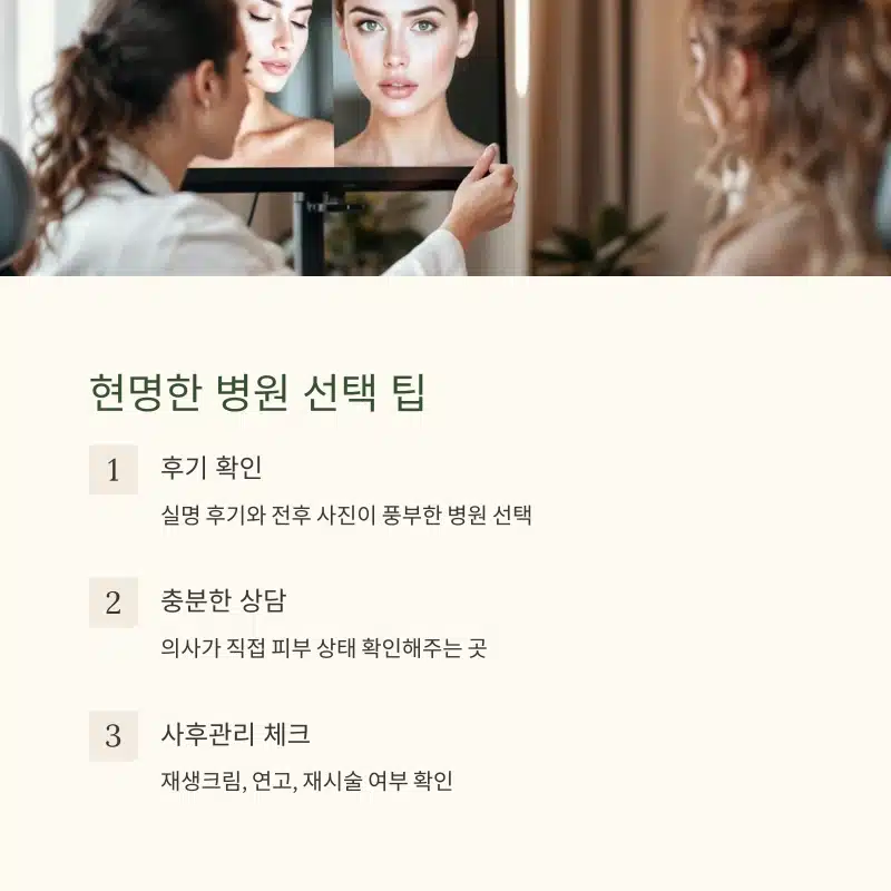 현명한 점 제거 병원 선택 팁을 안내하는 이미지. 후기 확인, 충분한 상담, 사후관리 체크 등 3가지 핵심 기준이 정리되어 있음.
