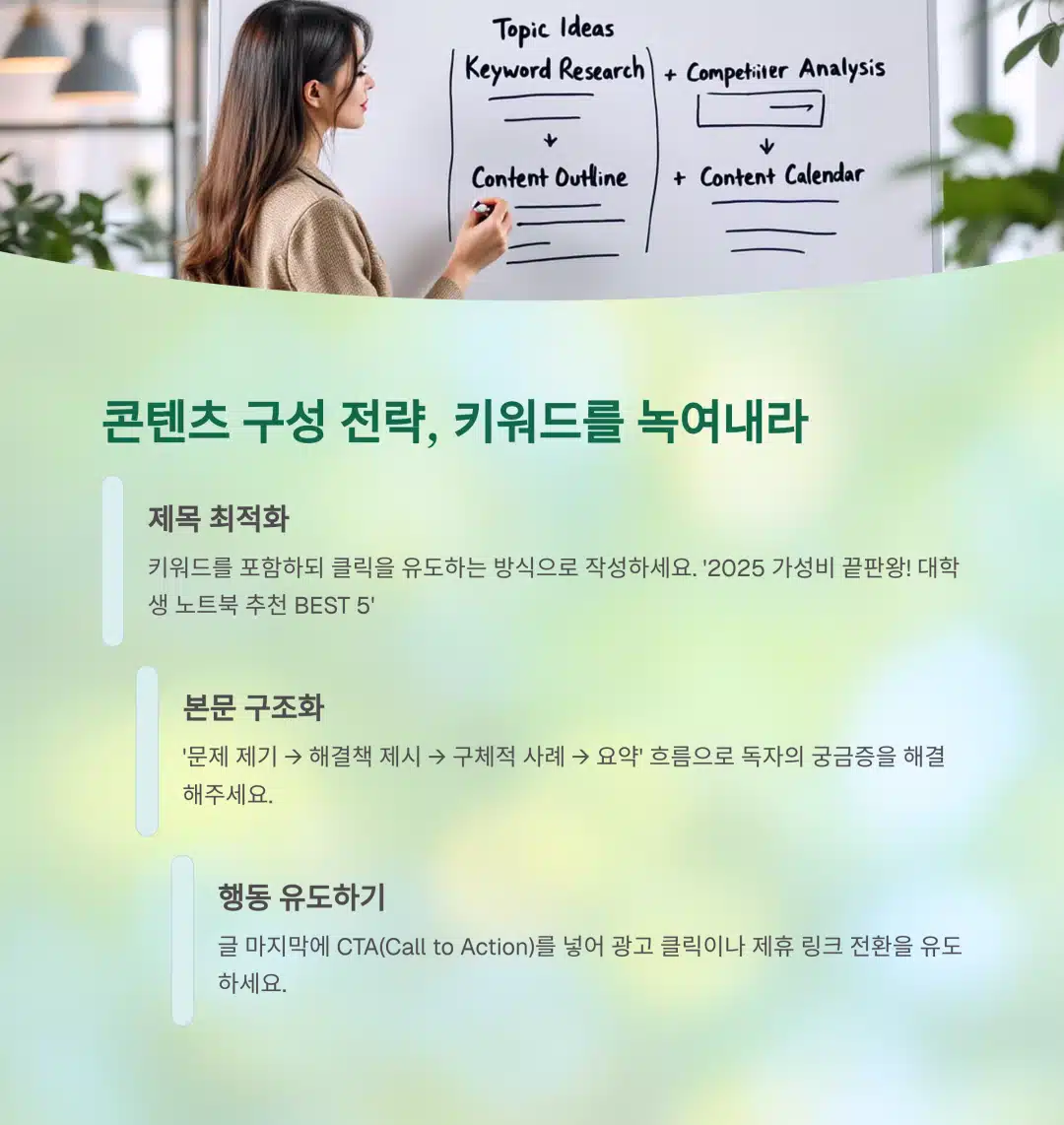 블로그 콘텐츠에 키워드를 자연스럽게 녹이는 방법과 구조화 전략을 설명하는 이미지