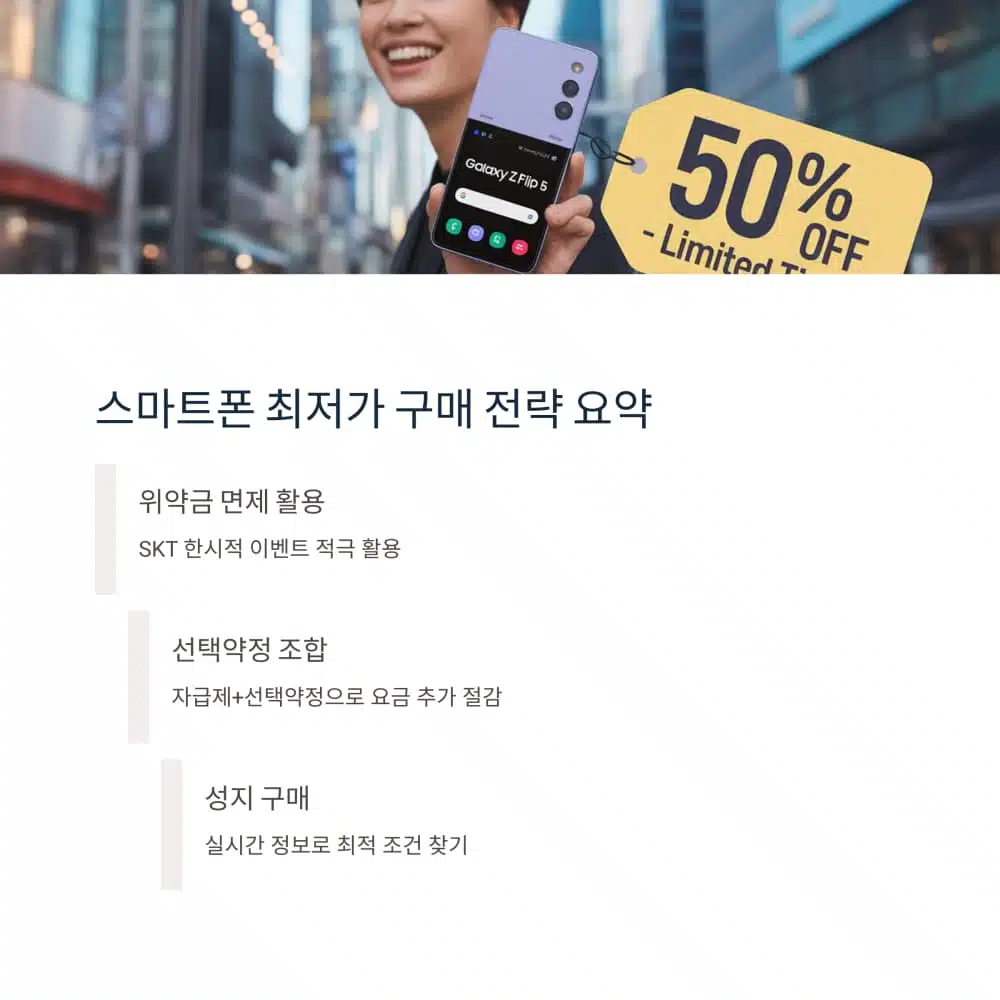 최신 스마트폰 50% 할인 배너와 함께한 전략 요약: 위약금 면제, 선택약정 조합, 성지