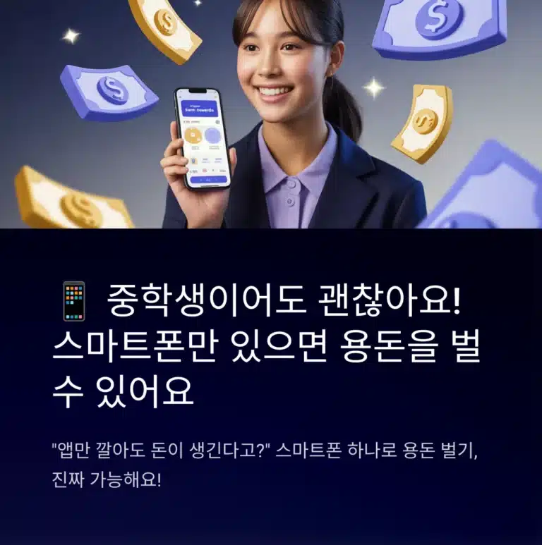 중학생이 스마트폰 앱으로 용돈을 벌 수 있다는 정보를 소개하는 여성 학생의 모습